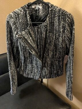 CAbi Black & White Tweed Asymmetric Zip Jacket